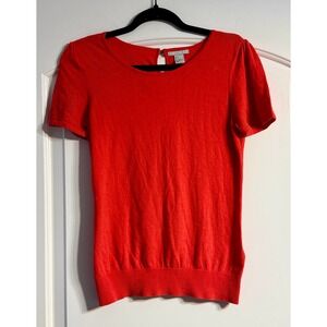 H&M Pointelle Knit Top Women Small Orange Red Excellent Puffed Sleeve